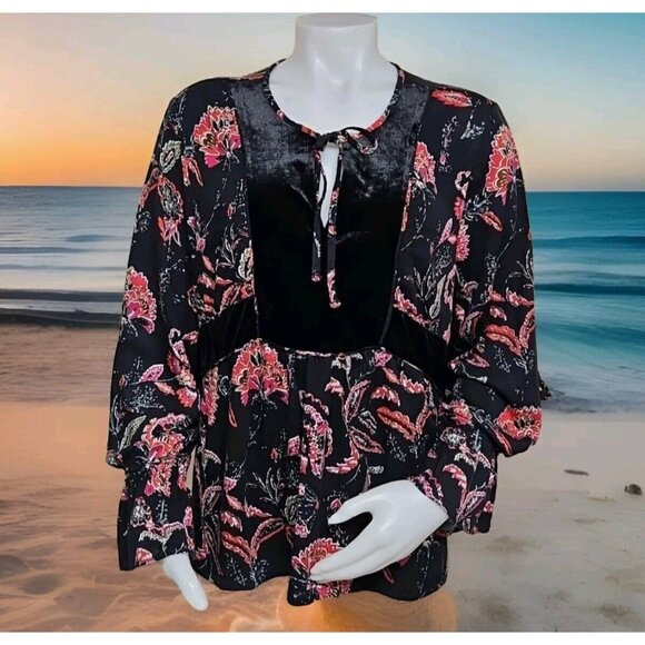 Tribal Jeans Peasant Top Womens Size L Black Floral Flowy Blouse Stretch Velvet - Picture 1 of 10